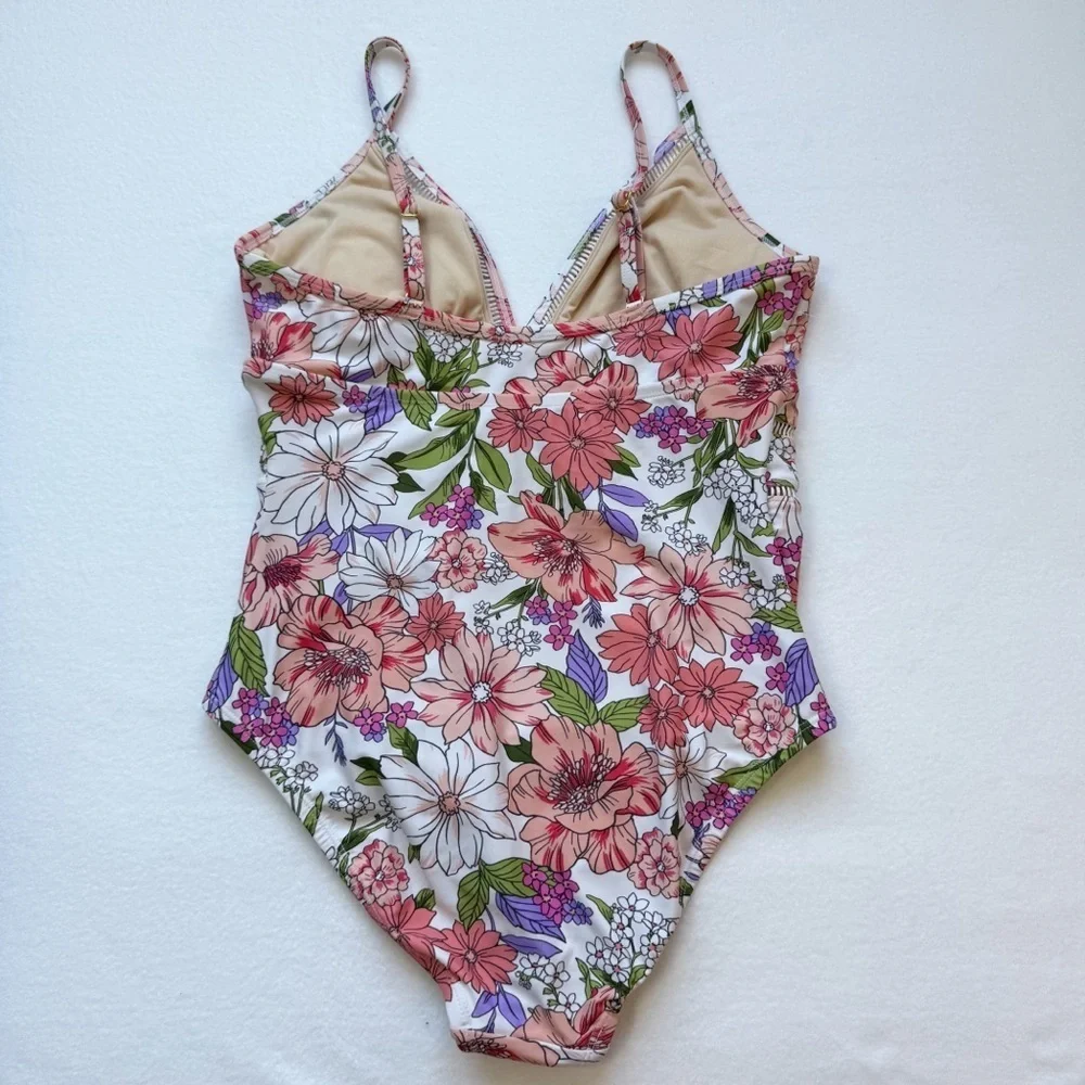 Kona Sol women’s ladder trim One Piece swimsuit multi color floral size LARGE